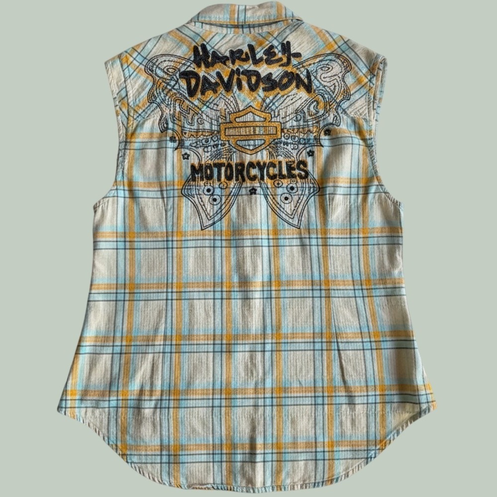Harley Davidson Plaid Sleeveless Shirt Butterfly Embroidery Blue Yellow Womens M